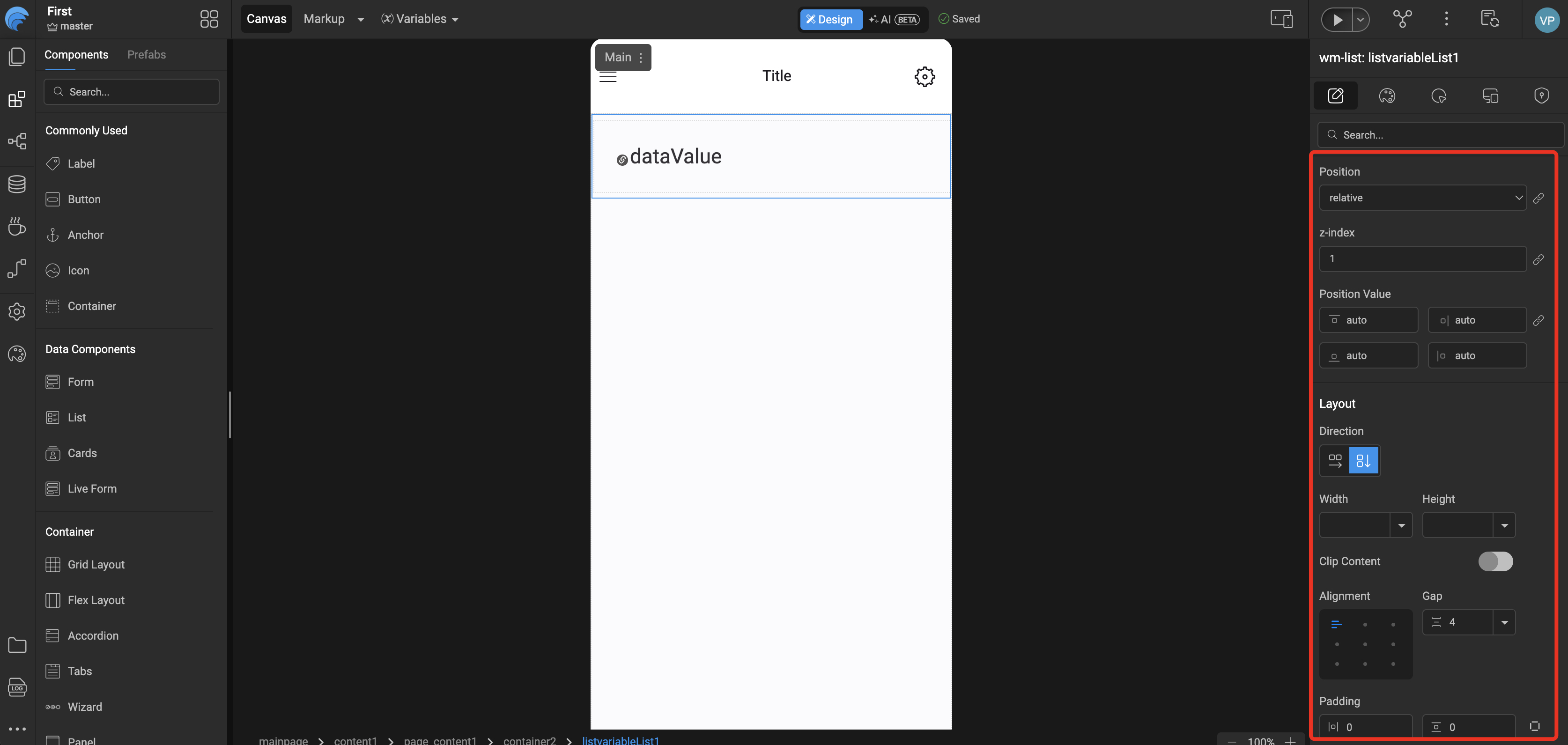 WaveMaker Studio canvas with a Container using Auto Layout, showing direction, alignment, gap, and padding controls in the Properties panel