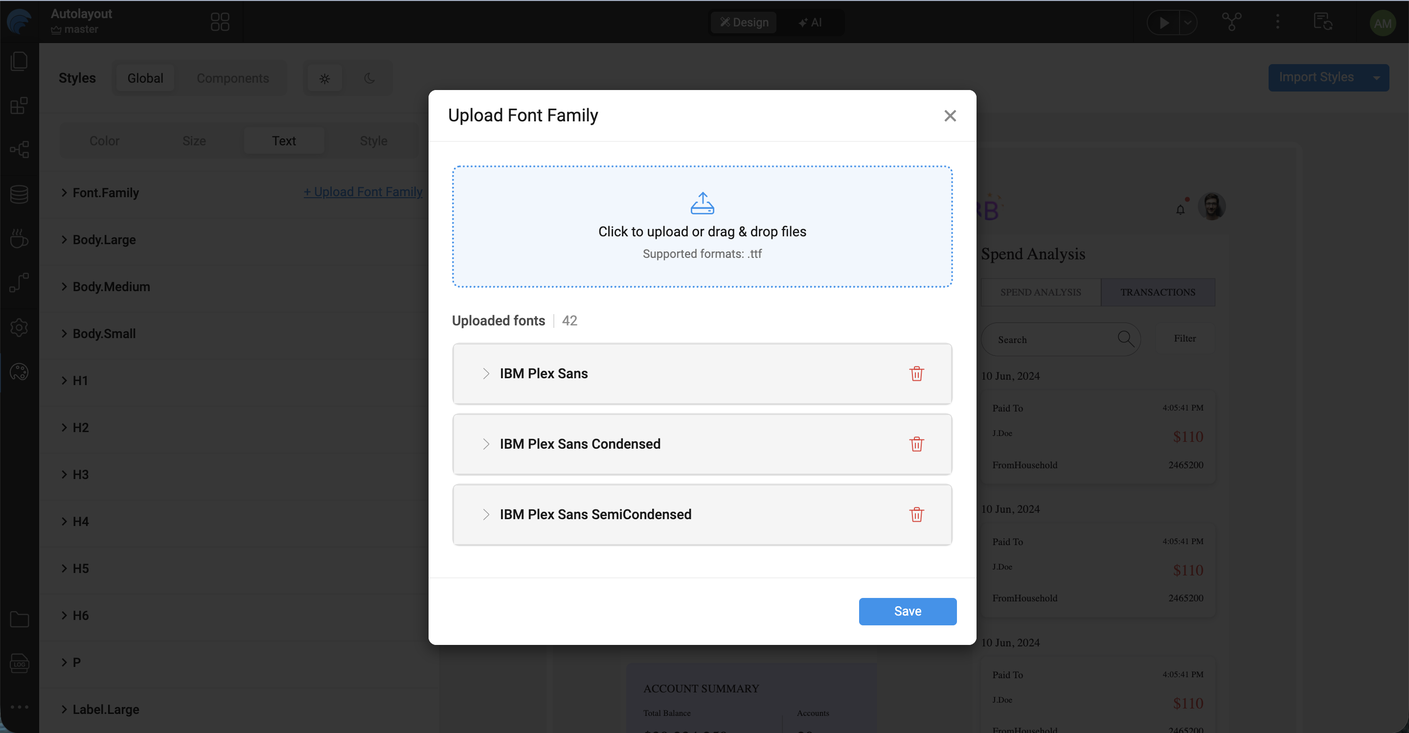 Upload Font Family dialog showing uploaded fonts grouped into families like IBM Plex Sans and IBM Plex Sans Condensed